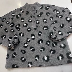 LOFT Gray Leopard Print Fleece Sweater, Button V-Neck, Large